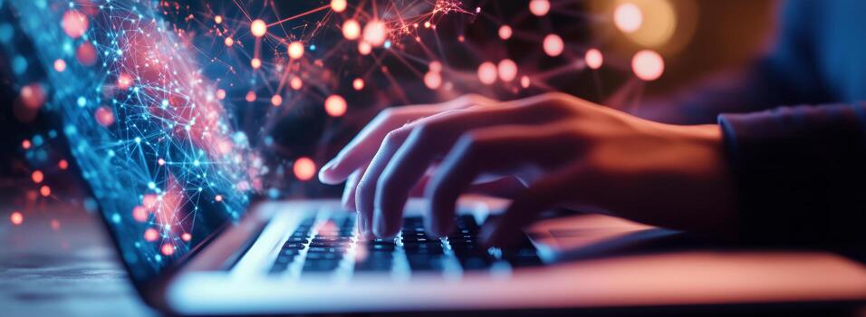 Creative Digital Work at Night With Glowing Data Connections and Hands on a Laptop photo