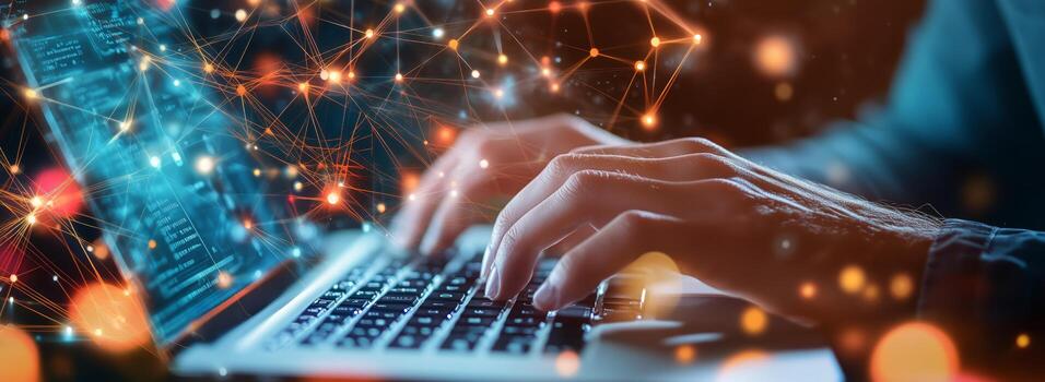 Creative Digital Work at Night With Glowing Data Connections and Hands on a Laptop. photo