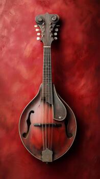 Beautiful Mandolin Resting Against a Textured Red Background Showcasing Its Elegant Curves and Craftsmanship photo
