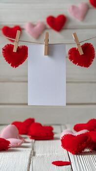 Hanging Hearts and Blank Note on a Wooden Background for Romantic Messages. photo