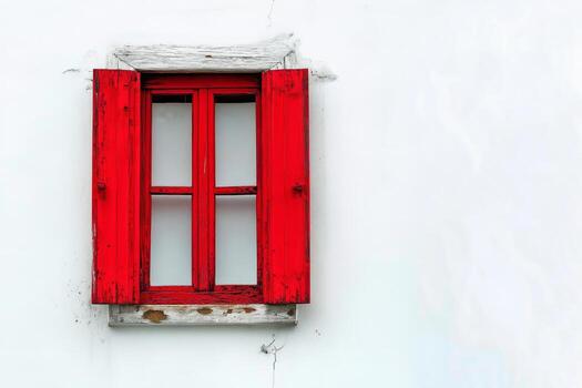 Bright Red Window Lends Charm to White Wall in Rustic Setting photo