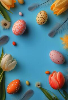 Colorful Easter Eggs and Flowers Arranged on a Bright Blue Background in a Spring Setting photo