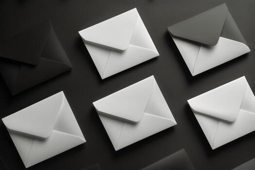 Various Envelopes Neatly Arranged on a Dark Background for Creative Display or Artistic Purposes. photo