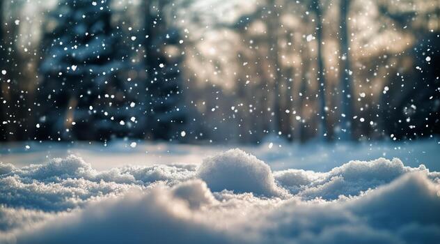 Snowflakes Fall Gently Over a Winter Scene With Soft White Snow and Pine Trees in the Background. photo