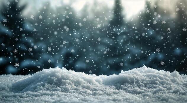 Snowflakes Fall Gently Over a Winter Scene With Soft White Snow and Pine Trees in the Background photo