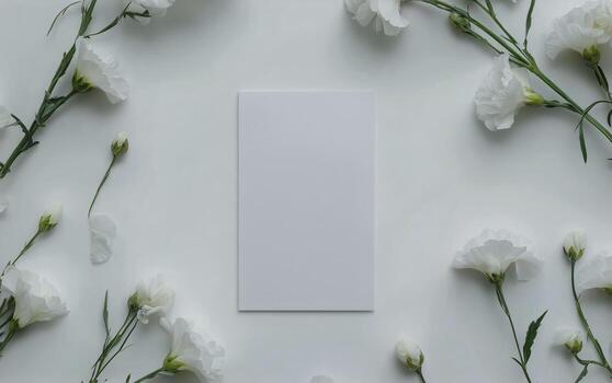 White Carnations Surround a Blank Card on a Simple Surface for Creative Expression or Decoration. photo