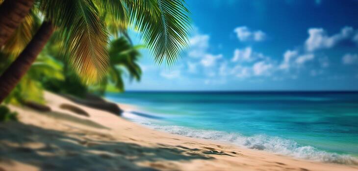 Tropical Beach With Clear Waters and Vibrant Palm Trees on a Sunny Day. photo