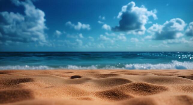 Breathtaking View of Sandy Beach and Tranquil Ocean Under a Bright Sky With Clouds. photo