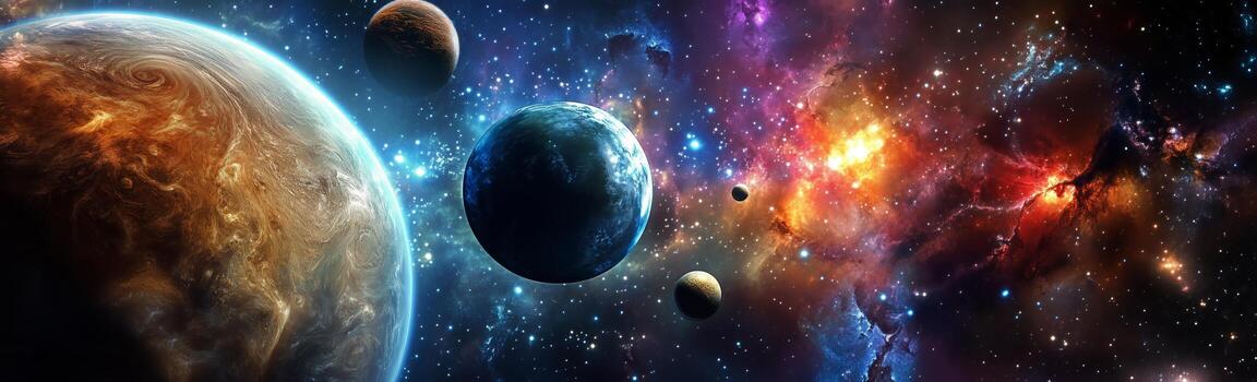 Vast Expanse of Space Reveals Colorful Planets and Swirling Galaxy at the Edge of the Universe. photo