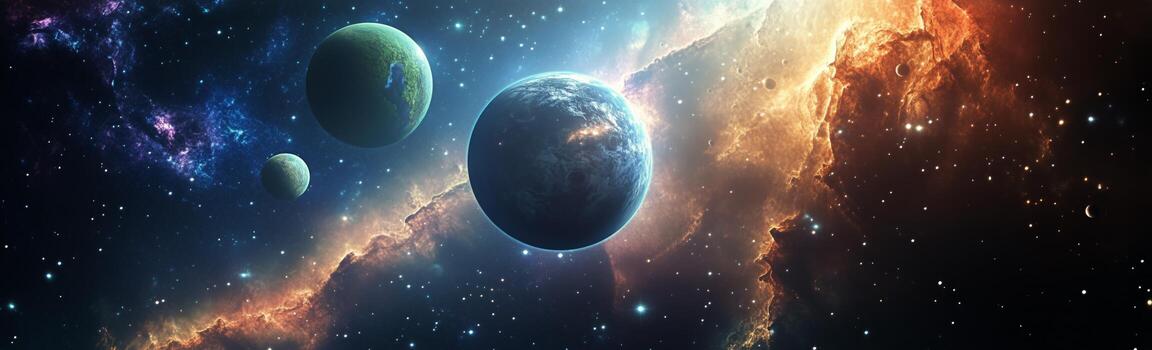 Vast Expanse of Space Reveals Colorful Planets and Swirling Galaxy at the Edge of the Universe photo