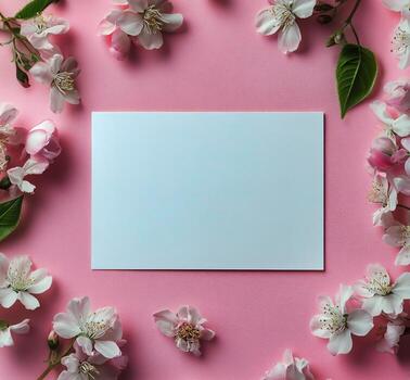 Blank Card Surrounded by Delicate Pink Flowers on a Soft Background photo