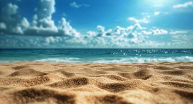 Breathtaking View of Sandy Beach and Tranquil Ocean Under a Bright Sky With Clouds photo