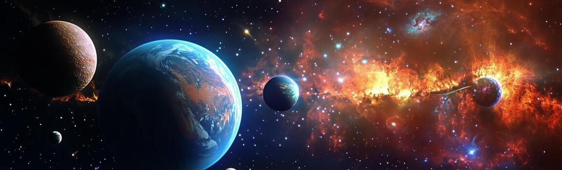 Vibrant Cosmic Scenery Showcasing Planets and a Colorful Nebula in Deep Space. photo