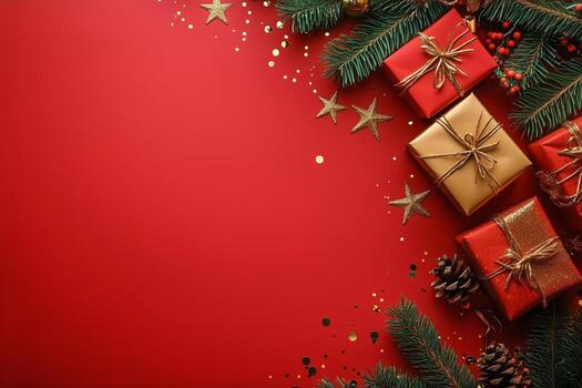 Festive Arrangement of Christmas Gifts on Bright Red Background With Pine and Decorative Elements. photo