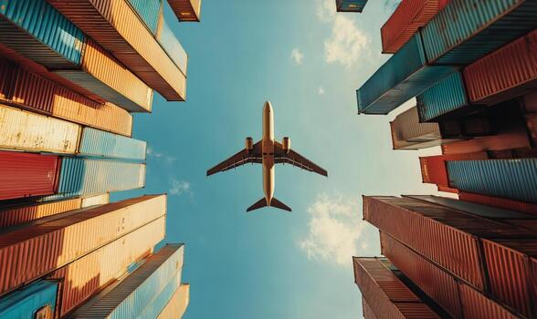 Plane Flying Over Colorful Shipping Containers at a Busy Port During the Day photo