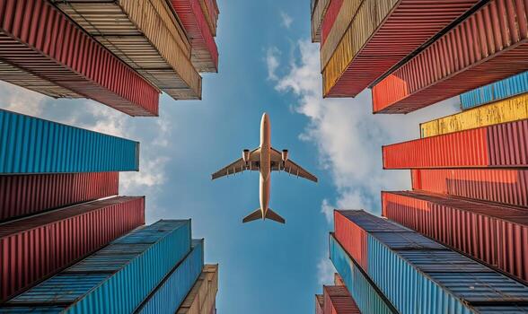 Cargo Containers Under an Airplane in a Busy Port Area During Daytime. photo