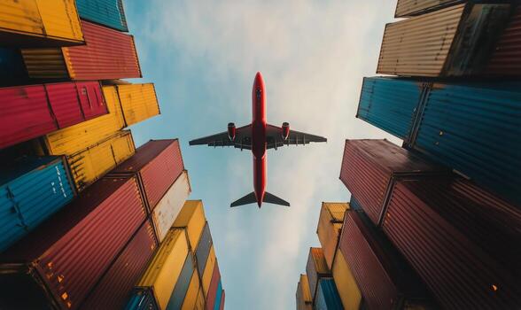 Cargo Containers Under an Airplane in a Busy Port Area During Daytime photo