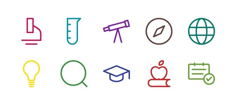 negrita línea colegio y aprendizaje espacio íconos plano vistoso estilo vector