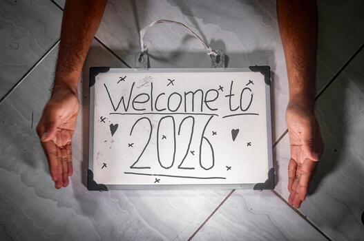 Whiteboard with Welcome to 2026 handwritten in playful style, framed by two open hands on tiled floor with heart and X doodles symbolizing new year warmth and fresh beginnings. photo
