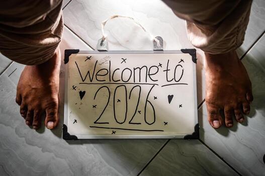 Whiteboard with Welcome to 2026 handwritten in playful style, surrounded by hearts and stars, placed on tile floor with bare feet symbolizing fresh starts and personal warmth. photo