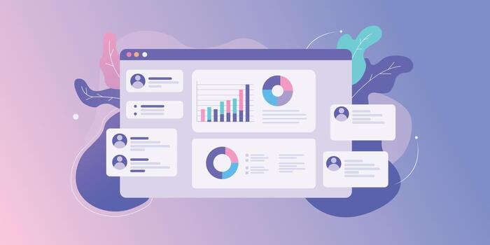 Data analysis dashboard with charts and graphs on computer screen interface vector