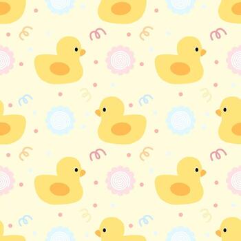 Seamless pattern with duck and flowers on yellow background vector