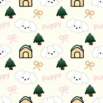 Seamless pattern with puppy house and three vector