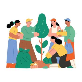 contento voluntarios intercambiando artículos y secundario cada otro en grupo actividad vector