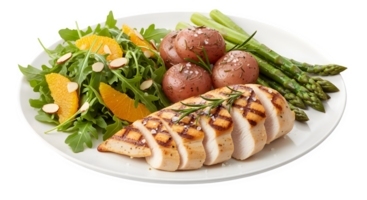 gegrillt Hähnchen Brust mit Orange Rucola Salat, rot Kartoffeln, und Spargel auf Weiß Teller gesund Gourmet Mahlzeit transparent Hintergrund png