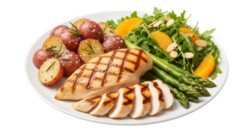 gegrillt Hähnchen Brust Gericht gesund Mahlzeit mit Kartoffeln, Spargel, Rucola, und Orange Scheiben auf Weiß Platte, perfekt zum Essen Blogs und ernährungsphysiologisch Inhalt transparent Hintergrund png
