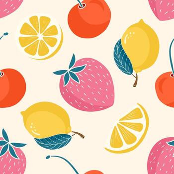 Seamless fruit pattern featuring lemon, strawberry, and orange. Fun and fresh design vector