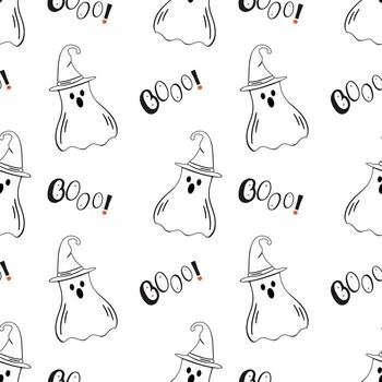 Halloween pattern with cute ghost and letters BOOO. Hand drawn outline drawing on light background. vector