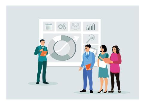 Business presentation with colleagues discussing statistical data charts and analysis. vector