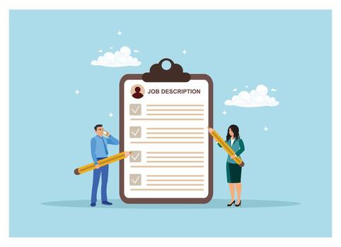 Professional employers work together to create and edit job description documents. vector