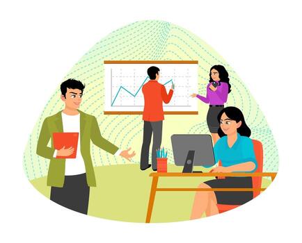 Teamwork Concept. Team Meeting in Workspace with Charts and Discussion, with Different Tasks. vector