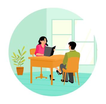 University Students Life. Job Interview Scene in Office with Professional Employer and Applicant. vector