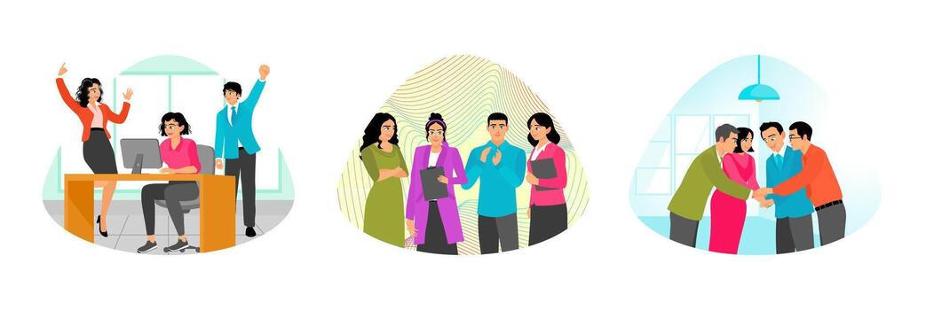 contento negocio equipo celebrando un éxito. determinación y confianza. alto cinco en oficina. vector