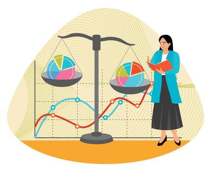 Woman analyzing data with pie charts vector