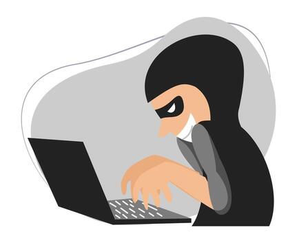 hacker en un negro capucha sentado en frente de un ordenador portátil vector