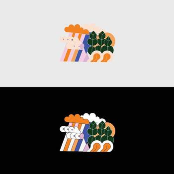 Retro nature illustration with rainbow clouds and trees graphic design element 1970s style vector