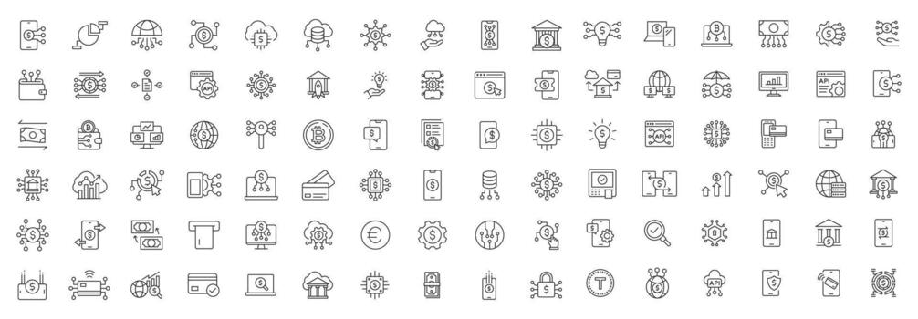 Fintech Icon Set. Cryptocurrency Vault, Payment Shield, Digital Wallet, Mobile Banking, Online Payments, Data Analytics, Financial Technology, Blockchain, Digital Coins icon vector