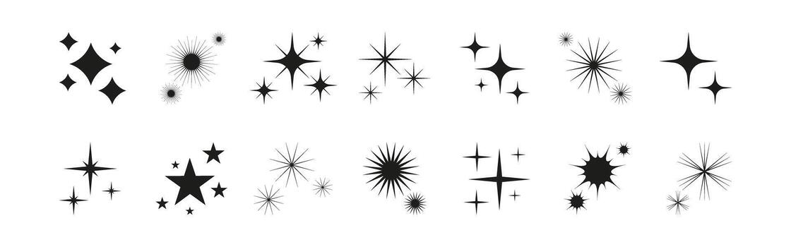 Set of icon glitter sparkle, star, sun. Abstract shapes glow, explosion and blink effects for celebrate party design. Twinkle shiny and flash graphic elements. Isolated illustrations. vector