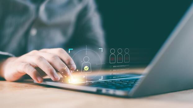 Futuristic HR technology concept showing digital recruitment, AI-powered candidate selection, and data-driven hiring. Ideal for businesses transforming with automation and intelligent analytics. photo