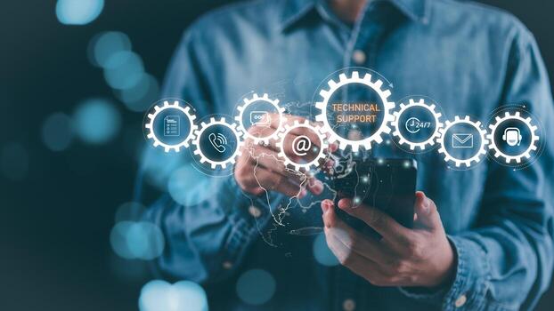 Concept of modern technical support system with gear icons and digital communication tools, symbolizing efficiency, connectivity, and smooth customer service operations in technology platforms. photo