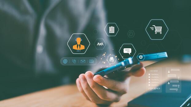 Smart mobile concept of 24-7 customer service support with e-commerce integration, chatbot, email, and call. Ideal for showcasing digital business support and mobile-first service platforms. photo