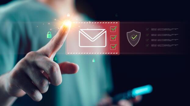 Advanced digital communication concept featuring secure email verification, data protection, trusted online interaction. Perfect for cybersecurity, digital ID, secure platforms, privacy assurance photo