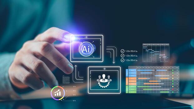 Futuristic concept of artificial intelligence in business management, project planning, and data-driven solutions with automation, efficiency, and innovative digital transformation. photo