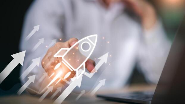 Businessman touching rocket icon with growth arrows, representing startup launch, innovation, digital growth, fast scalability, and success in modern business strategy and tech-driven development. photo