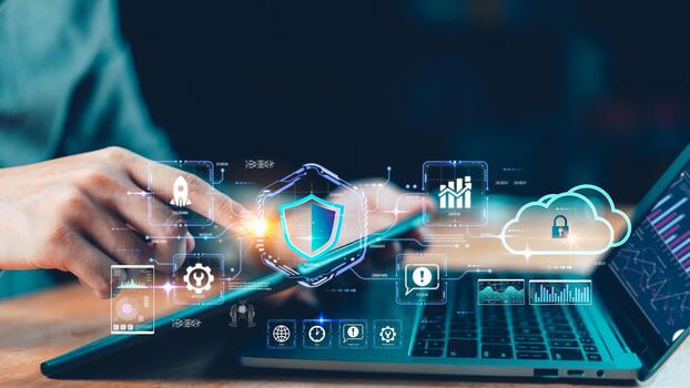 Showcasing the future of digital protection with secure cloud infrastructure, AI-powered analytics, and cross-device connectivity. Ideal for cybersecurity, cloud computing, tech innovation concepts. photo