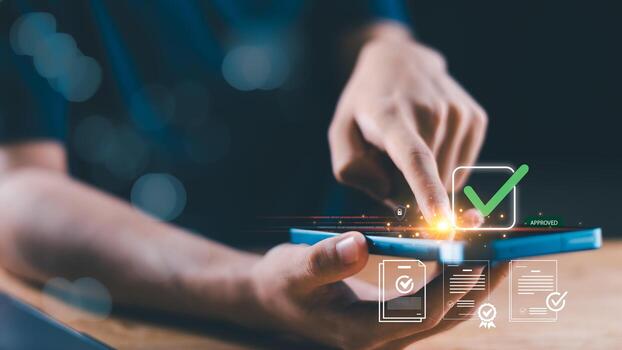 Digital transformation concept showing paperless approval systems, mobile verification, and cloud document authentication. Perfect for fintech, e-signature, and secure data management themes. photo